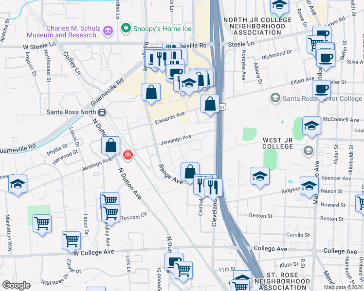 map of restaurants, bars, coffee shops, grocery stores, and more near 1034 Jennings Avenue in Santa Rosa