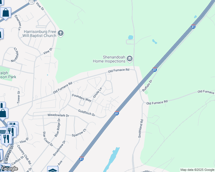 map of restaurants, bars, coffee shops, grocery stores, and more near 1130 Meridian Circle in Harrisonburg