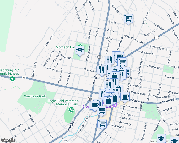 map of restaurants, bars, coffee shops, grocery stores, and more near 267 Green Street in Harrisonburg