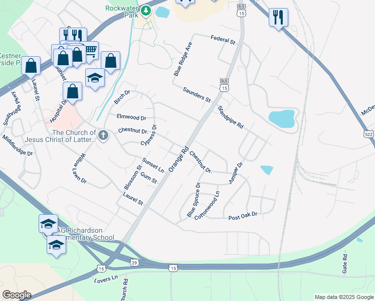 map of restaurants, bars, coffee shops, grocery stores, and more near 2003 Chestnut Drive in Culpeper