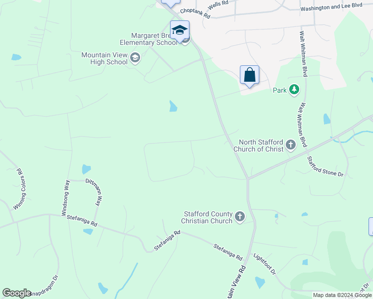 map of restaurants, bars, coffee shops, grocery stores, and more near 23 Shawnee Way in Stafford