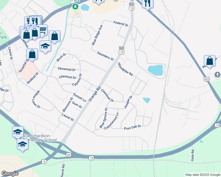 map of restaurants, bars, coffee shops, grocery stores, and more near 1954 Peachtree Court in Culpeper