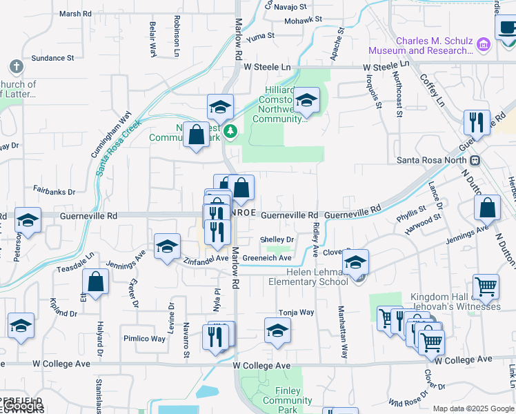 map of restaurants, bars, coffee shops, grocery stores, and more near 1815 Guerneville Road in Santa Rosa