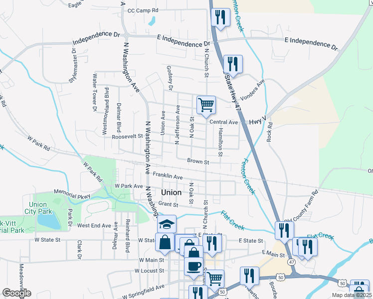 map of restaurants, bars, coffee shops, grocery stores, and more near 801 North Church Street in Union