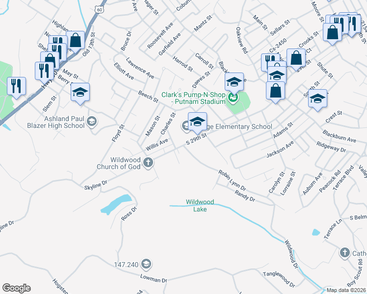 map of restaurants, bars, coffee shops, grocery stores, and more near 2901-2999 Robin Lynn Drive in Ashland