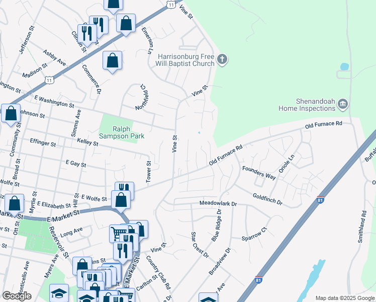 map of restaurants, bars, coffee shops, grocery stores, and more near 1060 Old Furnace Road in Harrisonburg