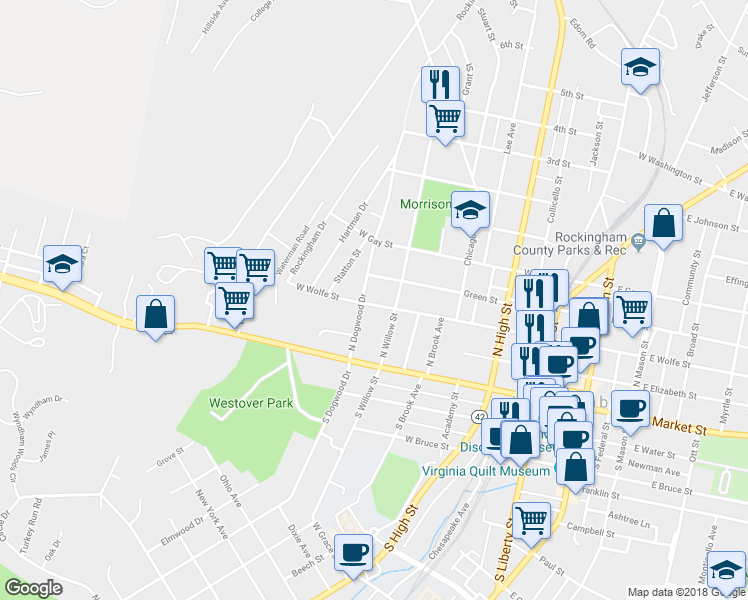 map of restaurants, bars, coffee shops, grocery stores, and more near 530 West Wolfe Street in Harrisonburg