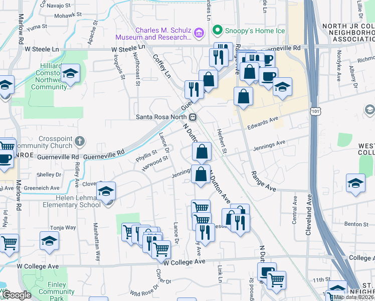 map of restaurants, bars, coffee shops, grocery stores, and more near 1163 Guaymas Street in Santa Rosa