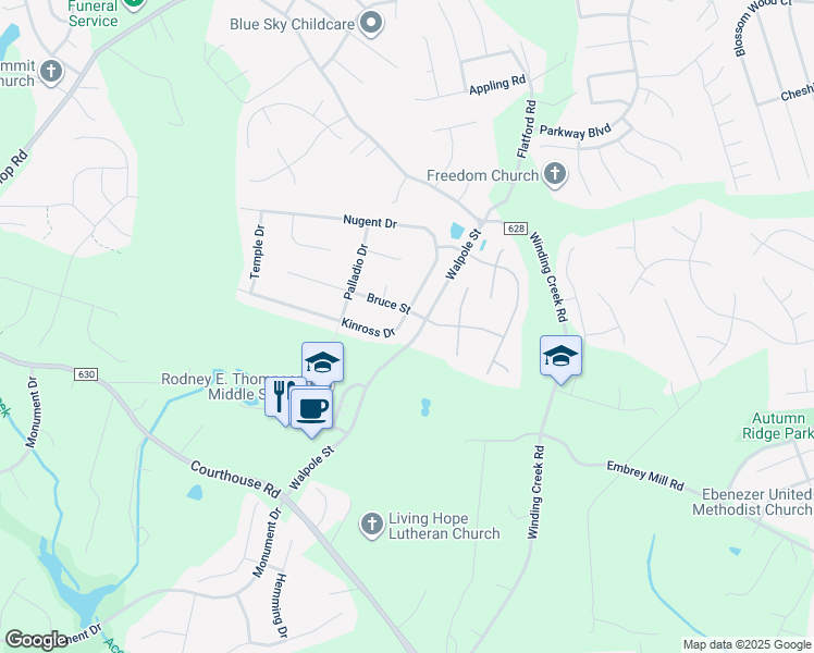 map of restaurants, bars, coffee shops, grocery stores, and more near 21 Kinross Drive in Stafford