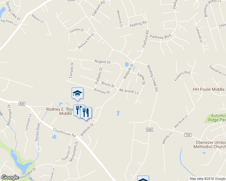 map of restaurants, bars, coffee shops, grocery stores, and more near 21 Kinross Drive in Stafford