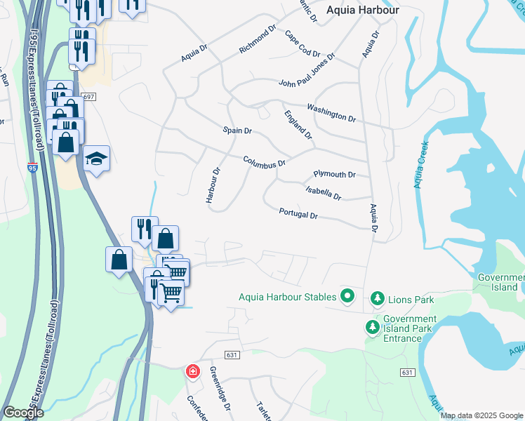 map of restaurants, bars, coffee shops, grocery stores, and more near 1015 Portugal Drive in Stafford