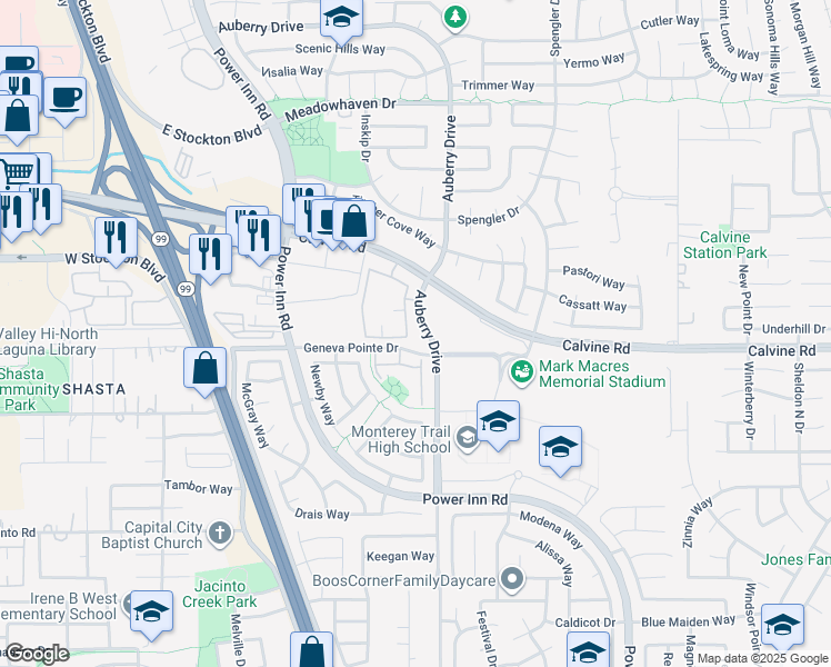map of restaurants, bars, coffee shops, grocery stores, and more near 8282 Calvine Road in Sacramento