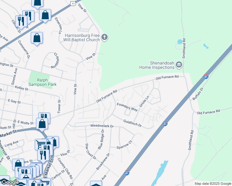map of restaurants, bars, coffee shops, grocery stores, and more near 1261 Old Furnace Road in Harrisonburg