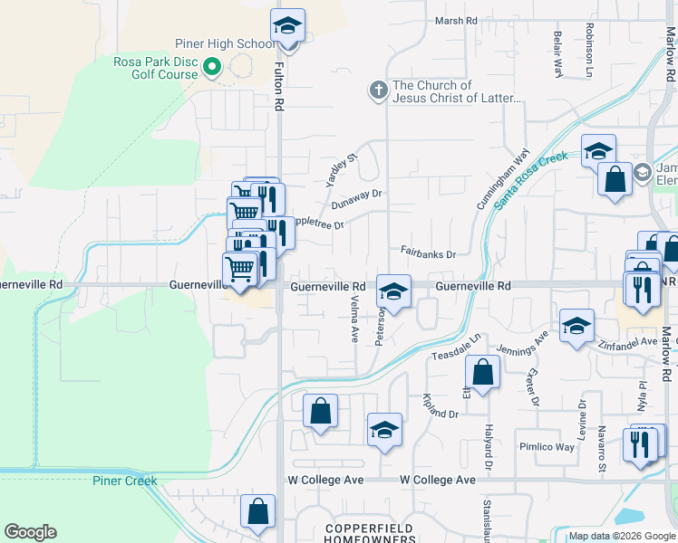 map of restaurants, bars, coffee shops, grocery stores, and more near 1516 Pinebrook Place in Santa Rosa