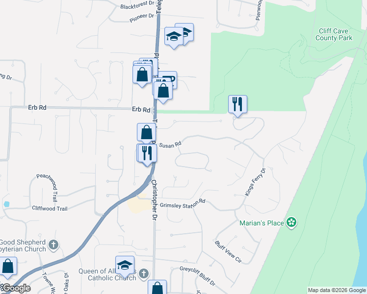 map of restaurants, bars, coffee shops, grocery stores, and more near 6200 Whisper Bend Drive in St. Louis