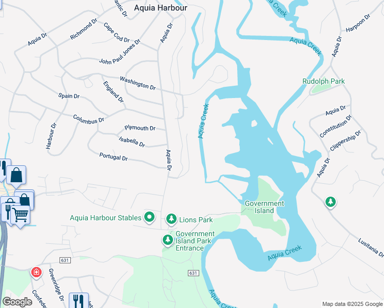map of restaurants, bars, coffee shops, grocery stores, and more near 113 Channel Cove in Stafford