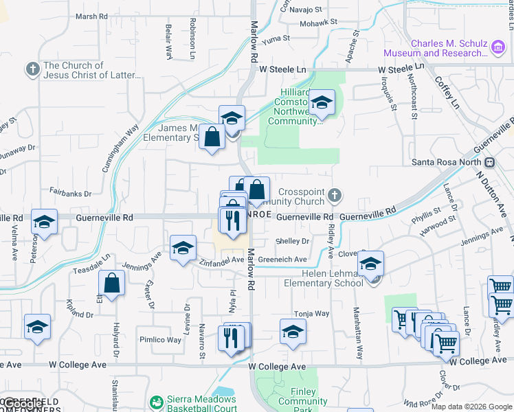 map of restaurants, bars, coffee shops, grocery stores, and more near in Santa Rosa