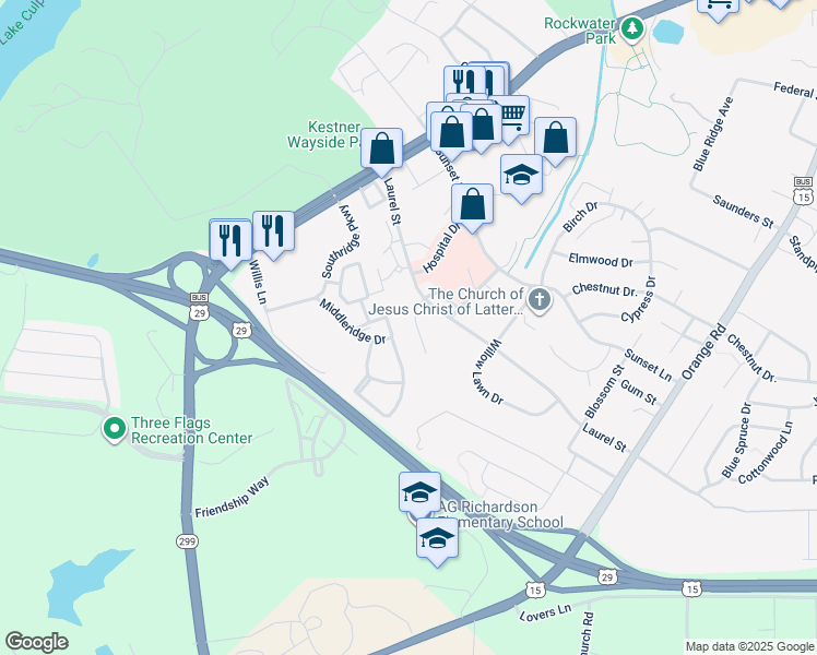 map of restaurants, bars, coffee shops, grocery stores, and more near 531 Mimosa Street in Culpeper