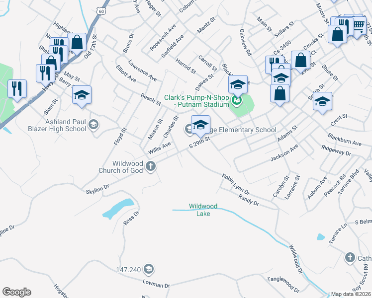 map of restaurants, bars, coffee shops, grocery stores, and more near 2901 Robin Lynn Drive in Ashland