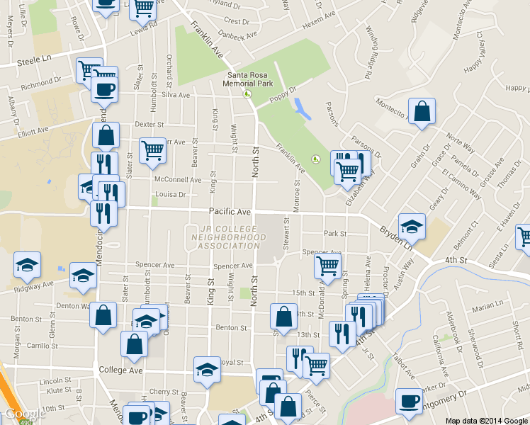 map of restaurants, bars, coffee shops, grocery stores, and more near Unnamed Road in Santa Rosa