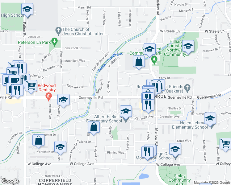 map of restaurants, bars, coffee shops, grocery stores, and more near 1603 Gamay Street in Santa Rosa