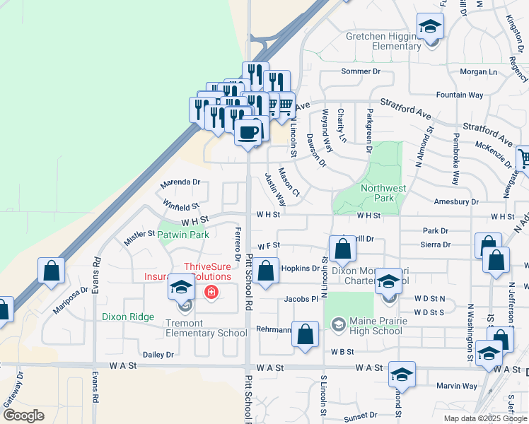 map of restaurants, bars, coffee shops, grocery stores, and more near 1380 Macdonald Court in Dixon