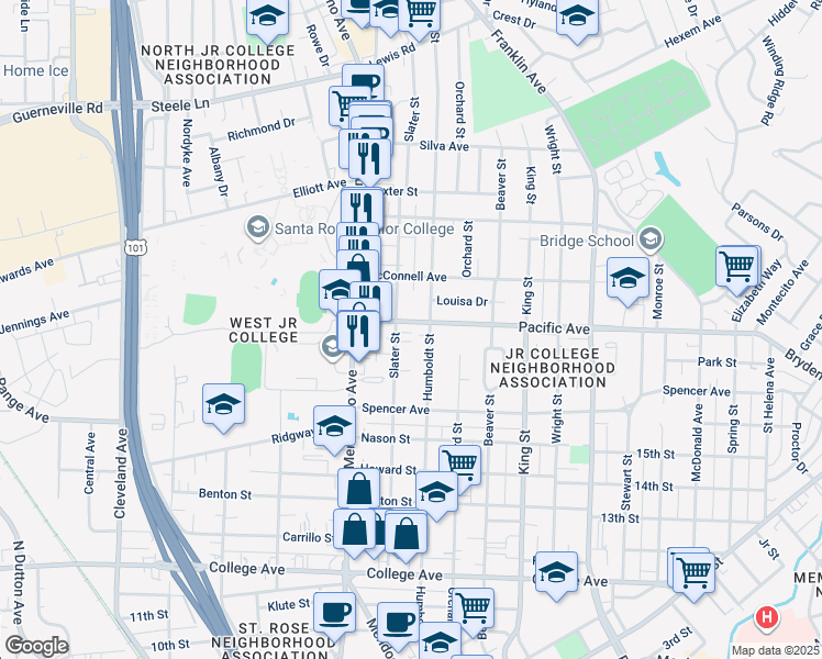 map of restaurants, bars, coffee shops, grocery stores, and more near 1153 Humboldt Street in Santa Rosa