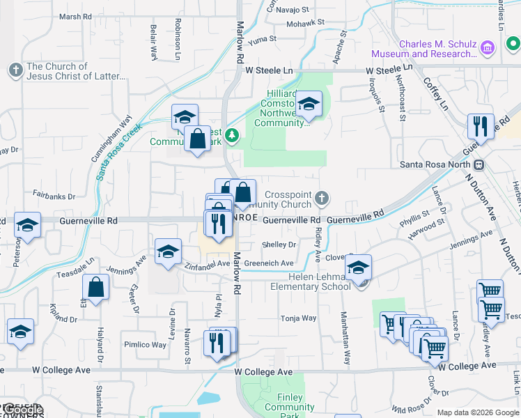 map of restaurants, bars, coffee shops, grocery stores, and more near 1740 Guerneville Road in Santa Rosa