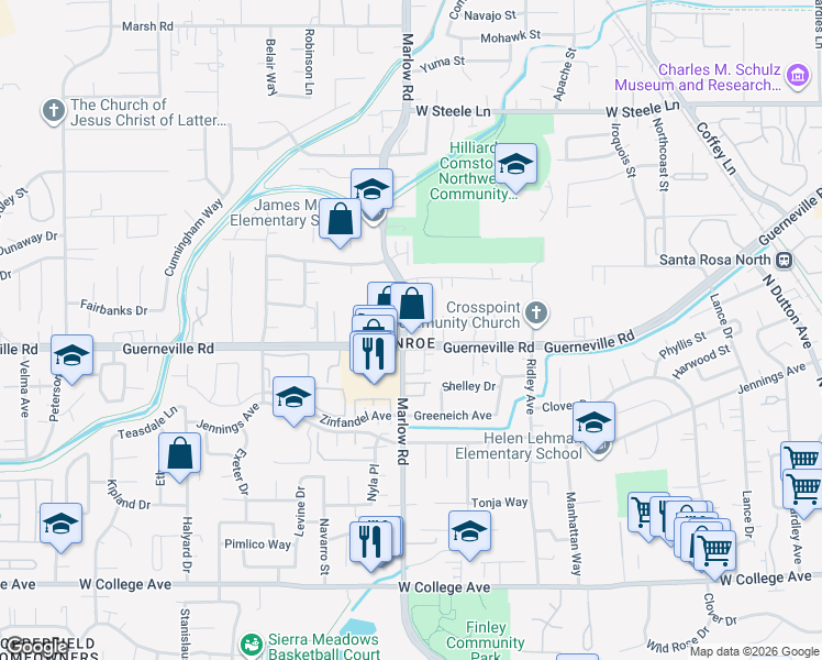 map of restaurants, bars, coffee shops, grocery stores, and more near in Santa Rosa