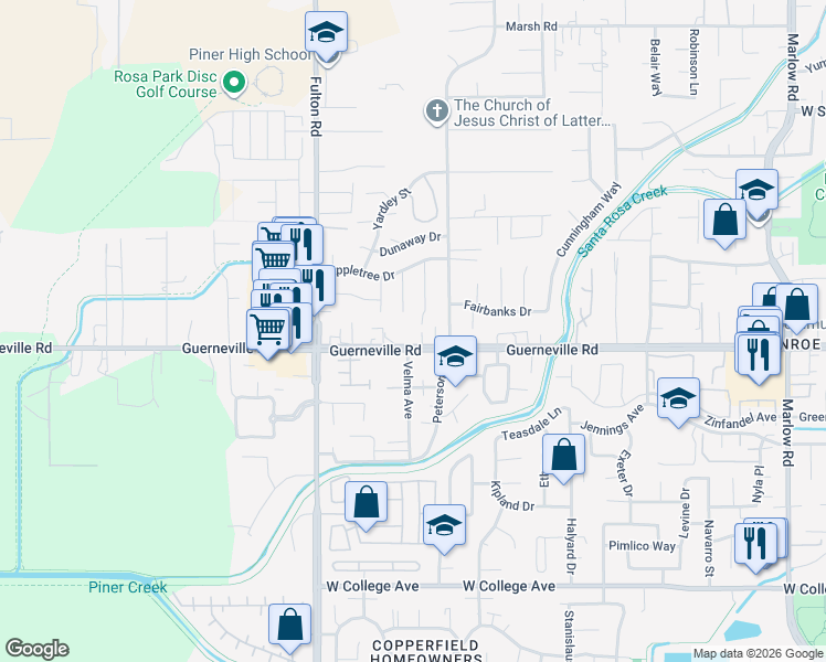 map of restaurants, bars, coffee shops, grocery stores, and more near 1450 Velma Avenue in Santa Rosa