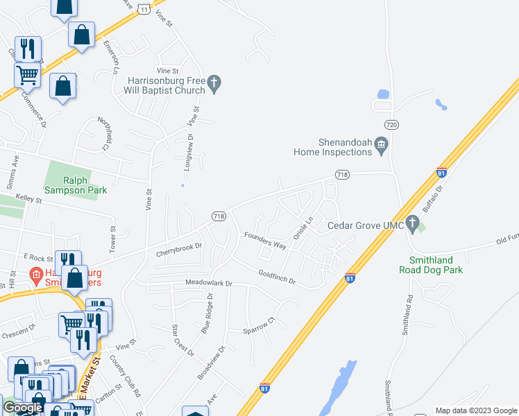map of restaurants, bars, coffee shops, grocery stores, and more near 1140 Bluebird Court in Harrisonburg