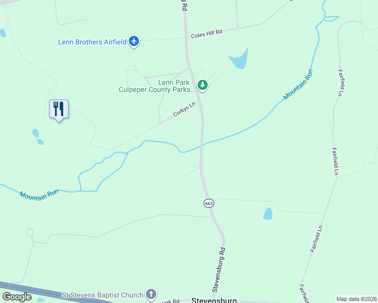 map of restaurants, bars, coffee shops, grocery stores, and more near 18178 Stevensburg Road in Culpeper