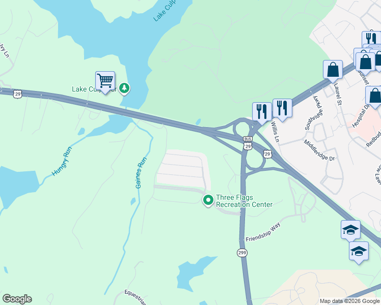map of restaurants, bars, coffee shops, grocery stores, and more near 12117 Majestic Place in Culpeper