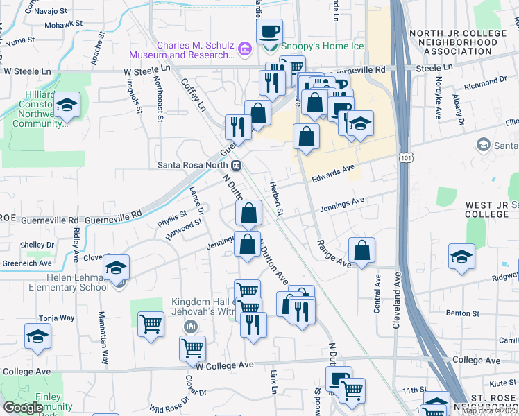 map of restaurants, bars, coffee shops, grocery stores, and more near 1083 Tijuana Court in Santa Rosa
