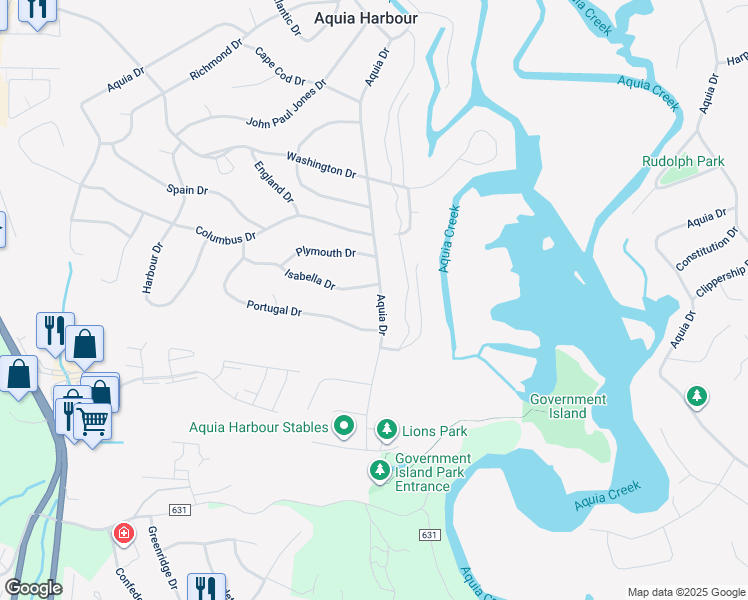 map of restaurants, bars, coffee shops, grocery stores, and more near 1216 Aquia Drive in Stafford