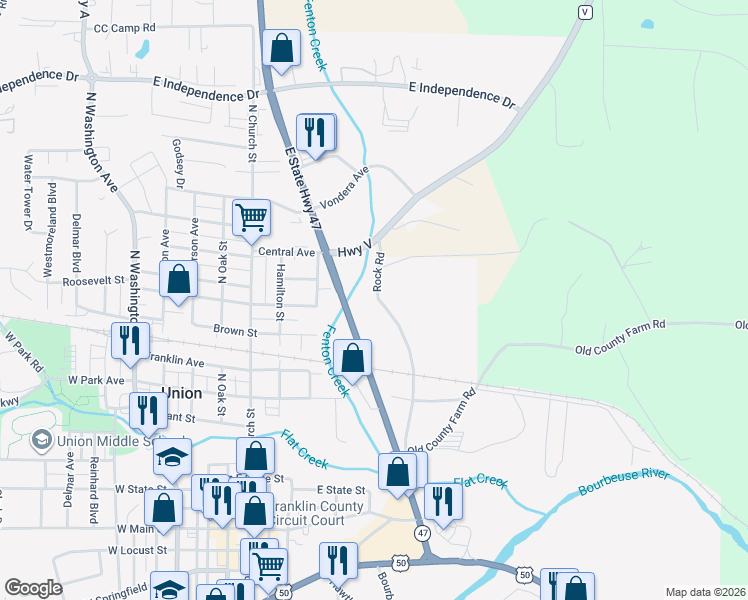 map of restaurants, bars, coffee shops, grocery stores, and more near 901 Rock Road in Union