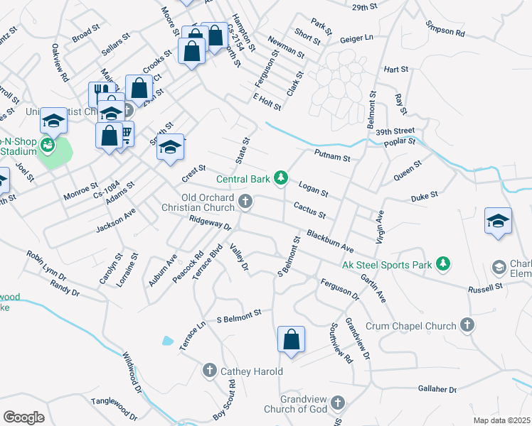 map of restaurants, bars, coffee shops, grocery stores, and more near 3627 Old Orchard Drive in Ashland