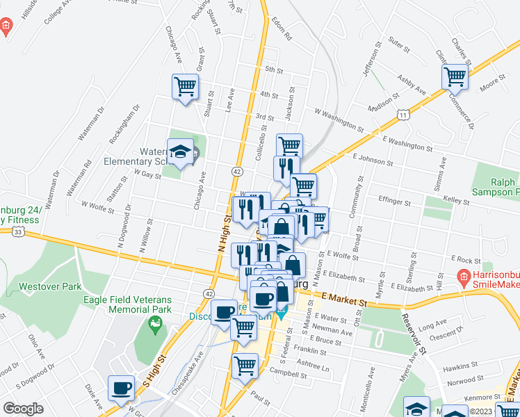 map of restaurants, bars, coffee shops, grocery stores, and more near 357 North Liberty Street in Harrisonburg