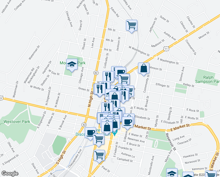 map of restaurants, bars, coffee shops, grocery stores, and more near 361 North Liberty Street in Harrisonburg
