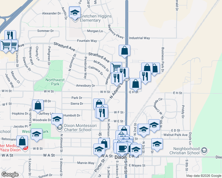 map of restaurants, bars, coffee shops, grocery stores, and more near 790 North Adams Street in Dixon