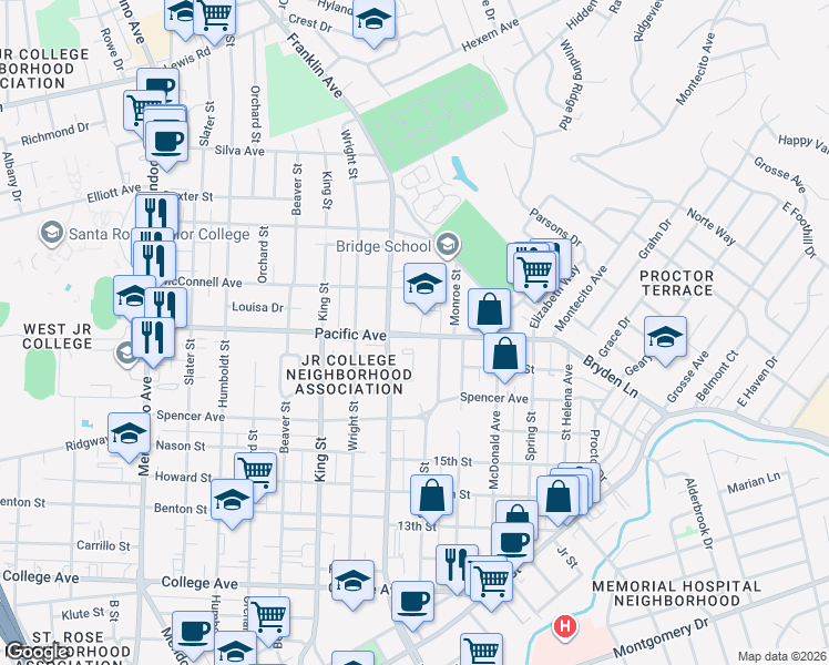 map of restaurants, bars, coffee shops, grocery stores, and more near Unnamed Road in Santa Rosa