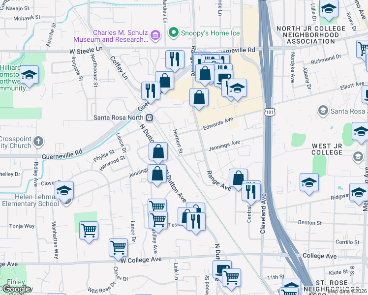 map of restaurants, bars, coffee shops, grocery stores, and more near 1201 Jennings Avenue in Santa Rosa