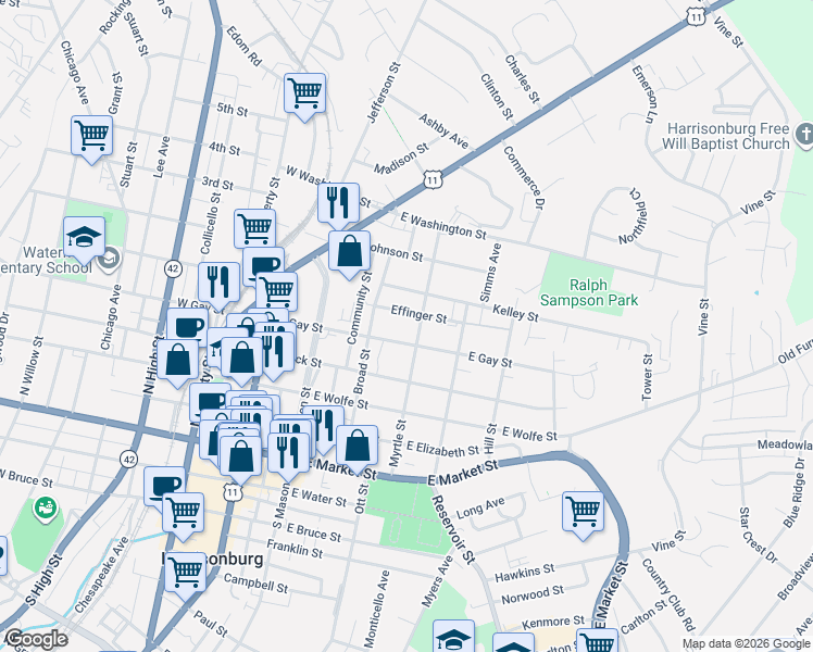 map of restaurants, bars, coffee shops, grocery stores, and more near 359 East Gay Street in Harrisonburg