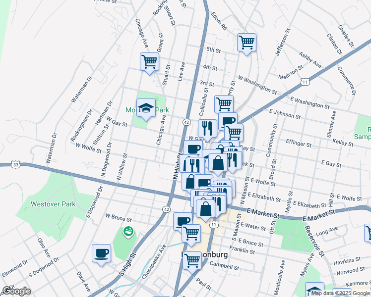 map of restaurants, bars, coffee shops, grocery stores, and more near 240 North High Street in Harrisonburg