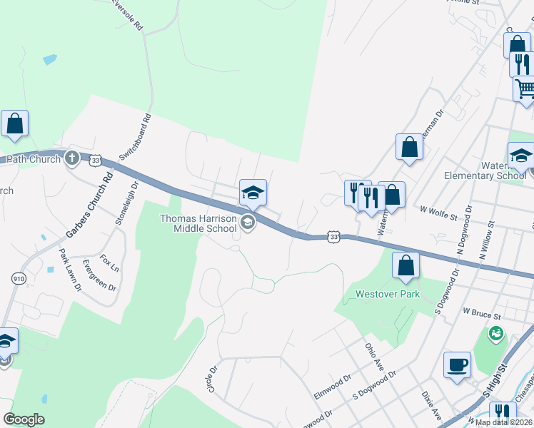 map of restaurants, bars, coffee shops, grocery stores, and more near 1201-1257 West Market Street in Harrisonburg