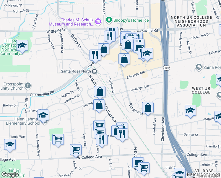 map of restaurants, bars, coffee shops, grocery stores, and more near 1567 Herbert Street in Santa Rosa
