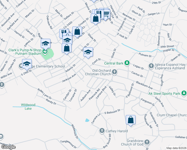 map of restaurants, bars, coffee shops, grocery stores, and more near 2525 Auburn Avenue in Ashland