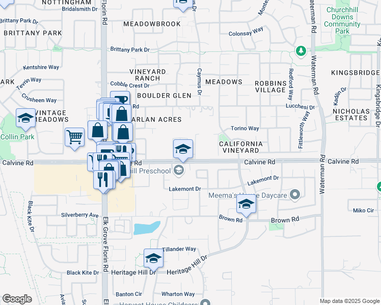map of restaurants, bars, coffee shops, grocery stores, and more near 9036 Calvine Road in Sacramento