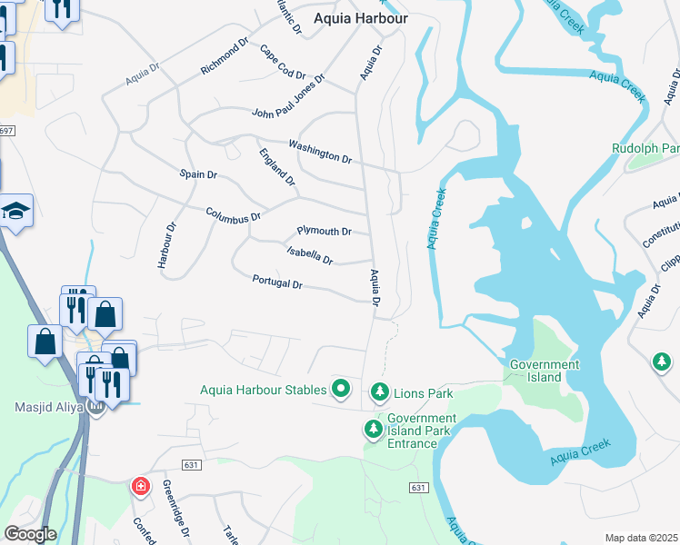 map of restaurants, bars, coffee shops, grocery stores, and more near 1033 Isabella Drive in Stafford