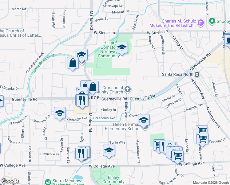 map of restaurants, bars, coffee shops, grocery stores, and more near 1676 Guerneville Road in Santa Rosa